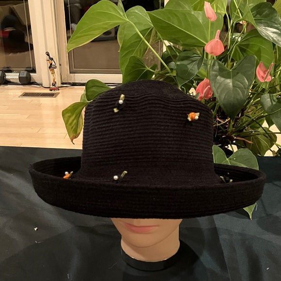 Chic Black Hat with Black and Orange Floral Accents - Picture 1 of 4